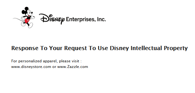 A screenshot of Disney's licensing request page - directing visitors to buy licensed merchandise from Disney stores or from Zazzle.com.